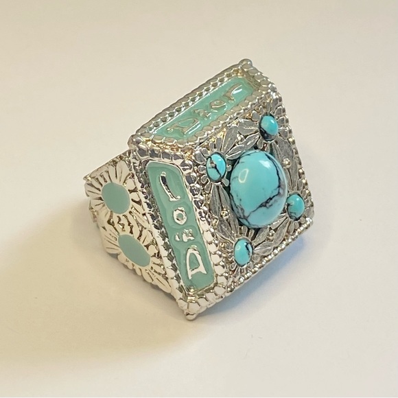 VTG Christian Dior Silver Metal Turquoise Gemstone Logo Nameplate Princess Ring - Picture 15 of 15